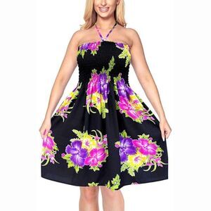 Women's Black & Purple Floral Beach Bikini Short Tube Dress Casual Midi Cover Up